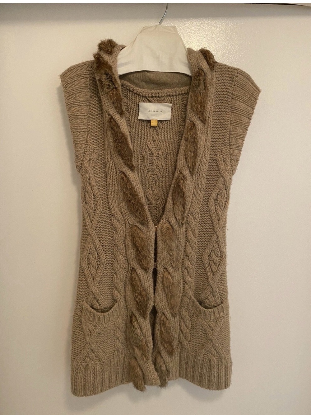 leifsdottir Taupe Cable-Knit Sleeveless V-Neck Vest with Faux Fur Trim
